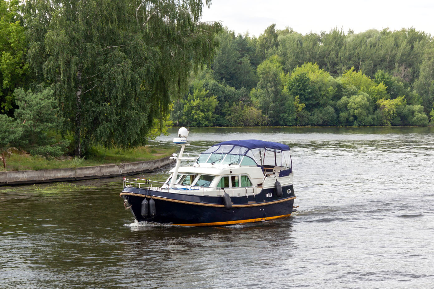 Ein kleines Motorboot mit blauem Verdeck fährt auf einem ruhigen Fluss, umgeben von dichtem grünem Wald.