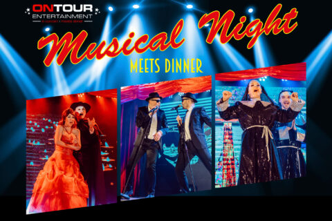 Drei Szenen von Erwachsenen in auffälligen Bühnenkostümen bei einer musikalischen Theateraufführung mit dem Titel Musical Night Meets Dinner.