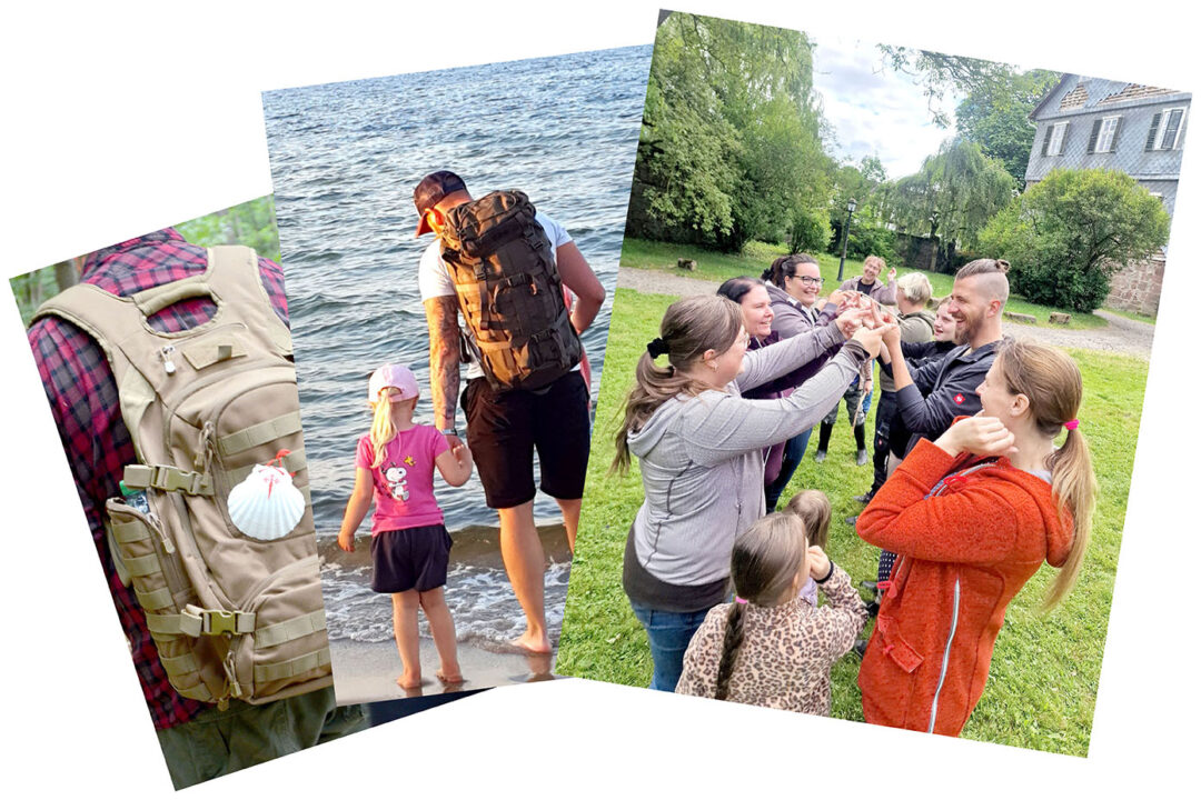 Drei Fotos zeigen einen Rucksack mit Muschel, einen Mann mit Kind am Meer und eine Gruppe von Menschen im Park.