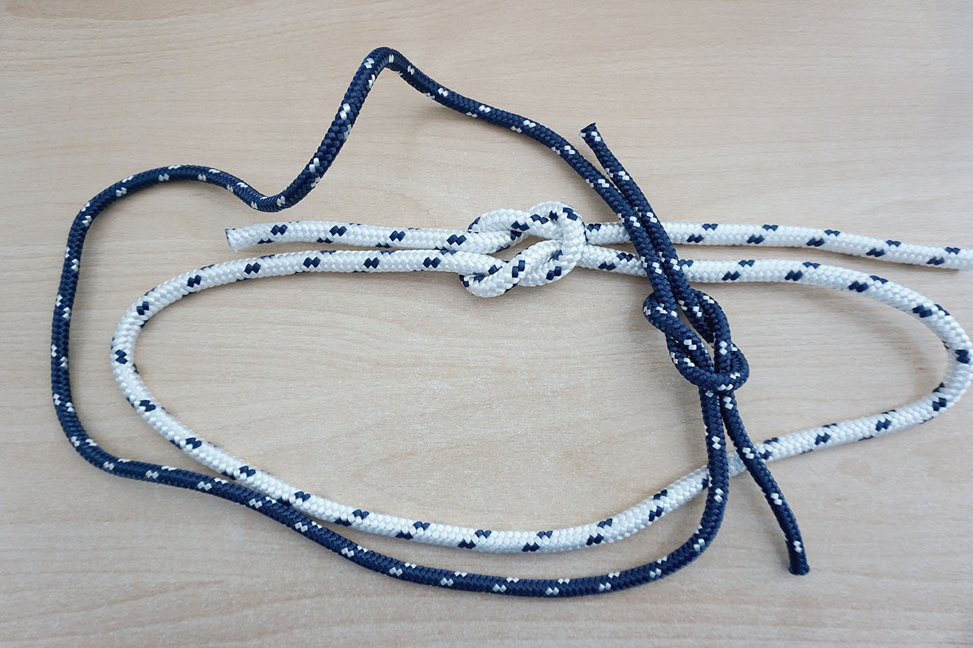 Zwei unterschiedlich farbige Seile sind auf einem Tisch zu sehen, wobei jedes Seil einen Knoten bildet.