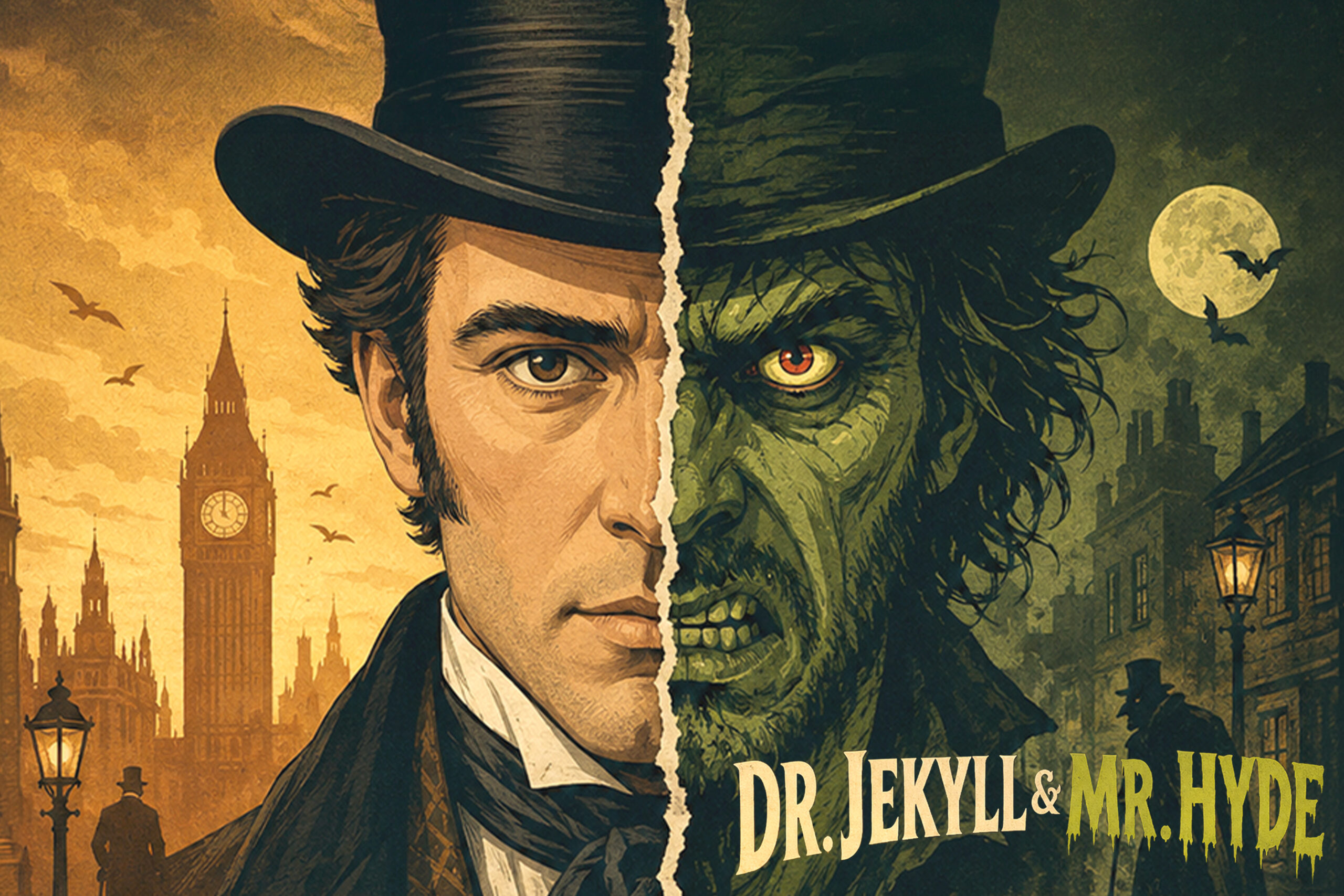 Eine stilisierte Illustration zeigt eine Person mit Zylinder, deren Gesicht zur Hälfte menschlich und zur Hälfte gruselig und verzerrt ist, vor einer viktorianischen Stadtkulisse mit dem Text Dr. Jekyll & Mr. Hyde.