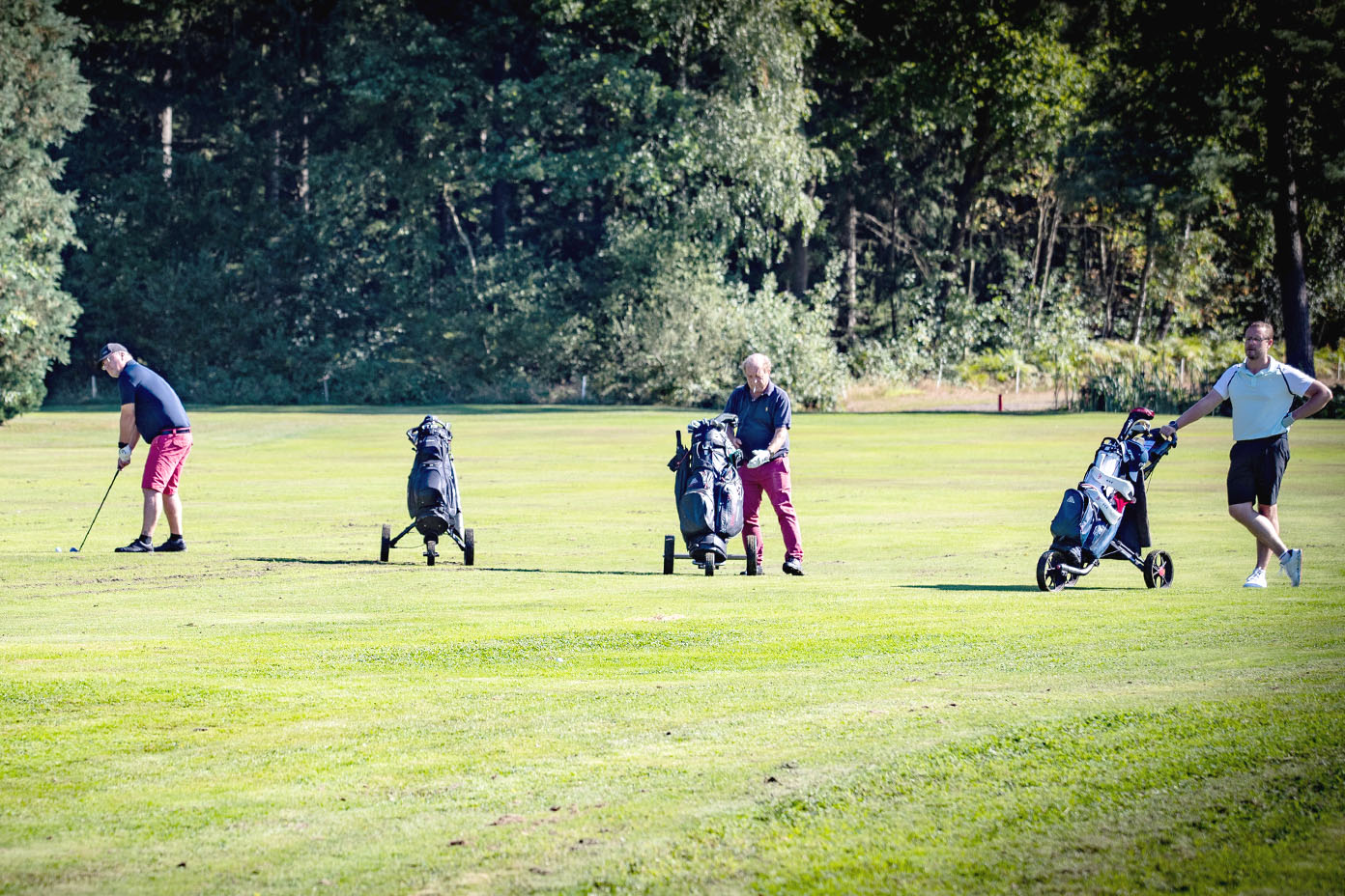 Drei Personen auf einem Golfplatz, zwei bereiten sich auf den Schlag vor und eine lehnt an einem Golfwagen, umgeben von Bäumen im Hintergrund.