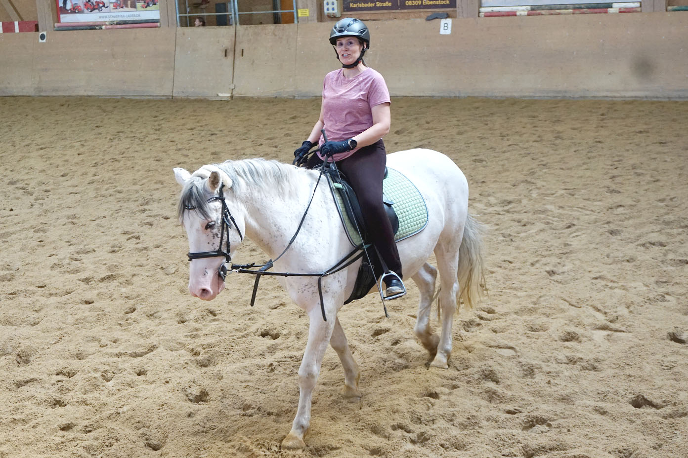 Eine Person mit Helm und Handschuhen reitet in einer Reithalle auf einem weißen Pferd mit grünem Sattelpad.