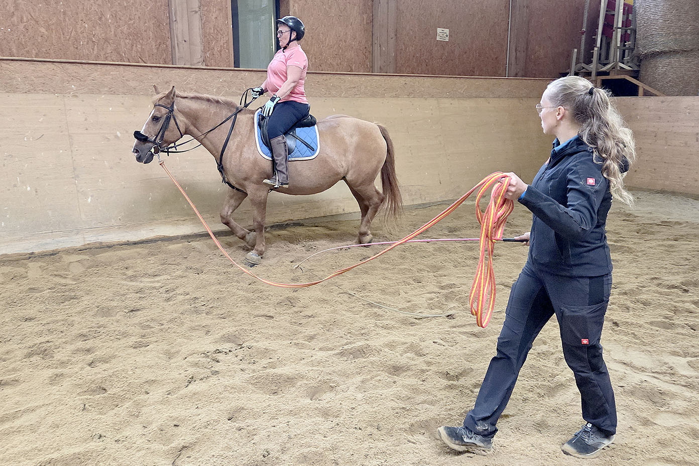 Eine Person in Reitkleidung sitzt auf einem Pferd in einer Reithalle während eine andere Person mit einem langen Seil das Pferd führt.