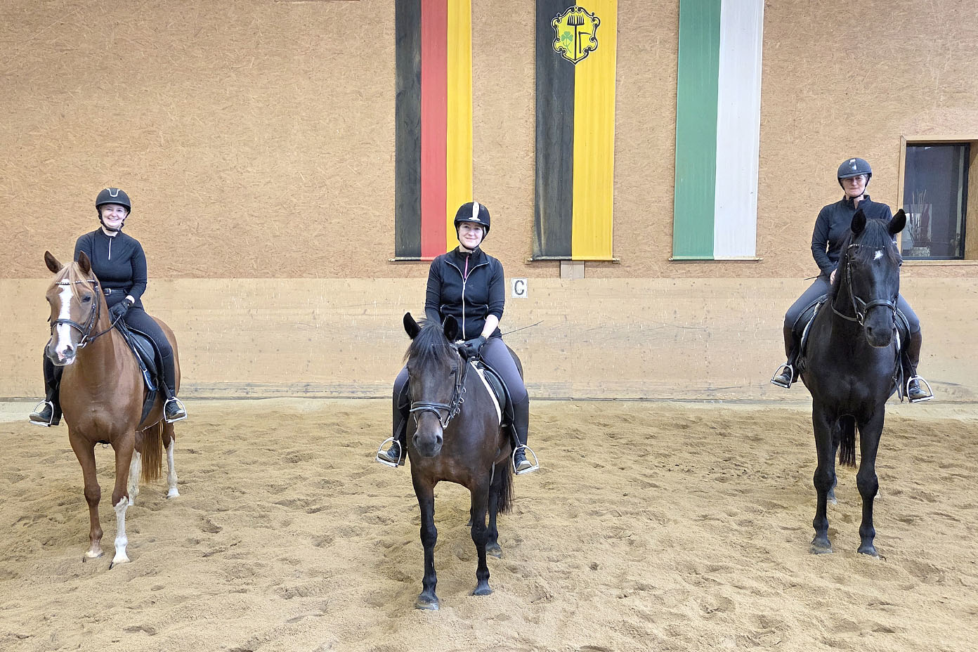 Drei Personen in Reitkleidung sitzen auf Pferden in einer Reithalle vor einer Wand mit drei vertikal hängenden Fahnen in den Farben Schwarz-Rot-Gelb, Schwarz-Gelb und Grün-Weiß.