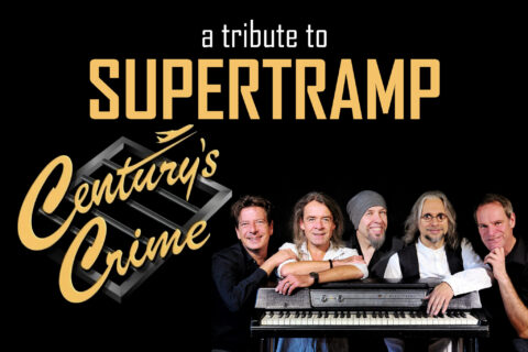 Fünf Personen lehnen lächelnd an einem Keyboard vor schwarzem Hintergrund mit dem Text „a tribute to SUPERTRAMP Century’s Crime“.