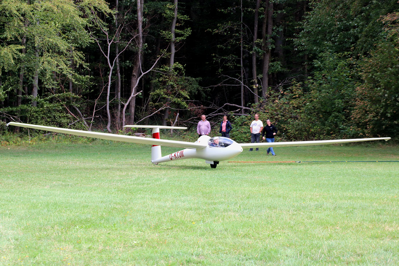 Ein Segelflugzeug steht auf einer Wiese vor einem Wald und vier Personen gehen im Hintergrund darauf zu.